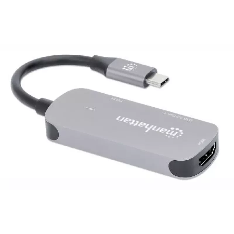 Manhattan USB-C Dock/Hub, Ports (x3): HDMI, USB-A and USB-C, with Power Delivery (PD) 100W- requires external USB-C charger (not included). USB powered (no external power supply required) when PD is not in use, Aluminium