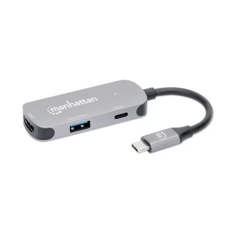 Manhattan USB-C Dock/Hub, Ports (x3): HDMI, USB-A and USB-C, with Power Delivery (PD) 100W- requires external USB-C charger (not included). USB powered (no external power supply required) when PD is not in use, Aluminium
