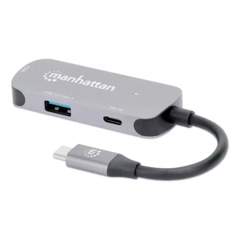 Manhattan USB-C Dock/Hub, Ports (x3): HDMI, USB-A and USB-C, with Power Delivery (PD) 100W- requires external USB-C charger (not included). USB powered (no external power supply required) when PD is not in use, Aluminium