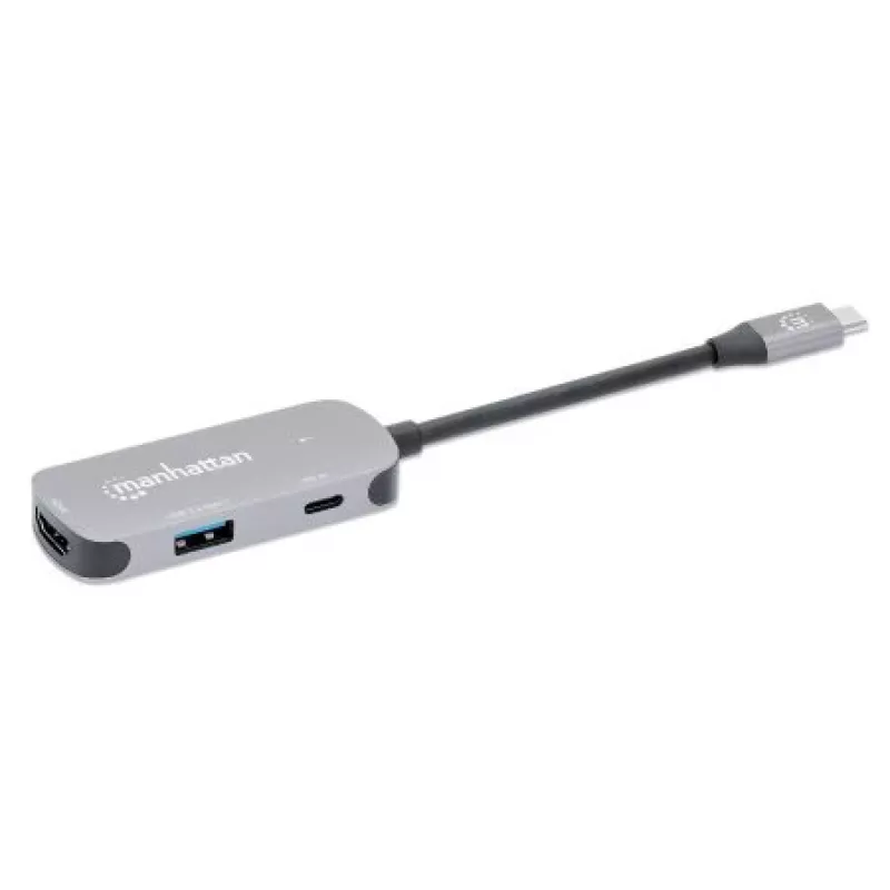 Manhattan USB-C Dock/Hub, Ports (x3): HDMI, USB-A and USB-C, with Power Delivery (PD) 100W- requires external USB-C charger (not included). USB powered (no external power supply required) when PD is not in use, Aluminium