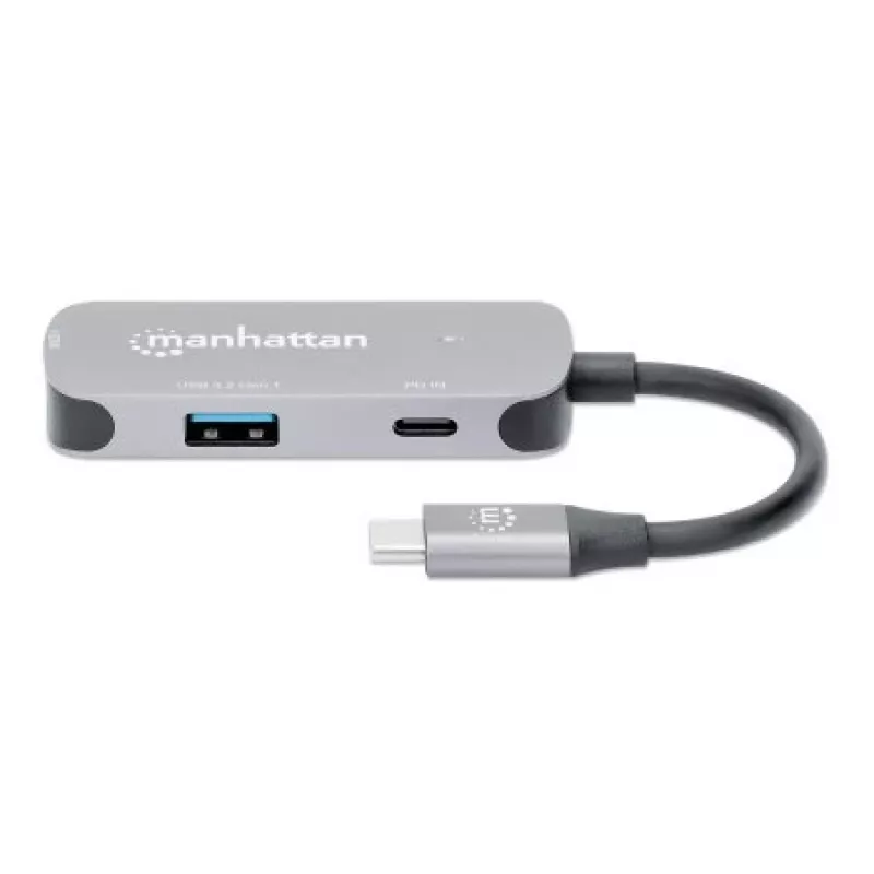 Manhattan USB-C Dock/Hub, Ports (x3): HDMI, USB-A and USB-C, with Power Delivery (PD) 100W- requires external USB-C charger (not included). USB powered (no external power supply required) when PD is not in use, Aluminium