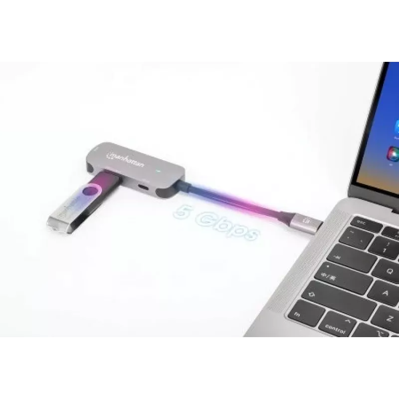 Manhattan USB-C Dock/Hub, Ports (x3): HDMI, USB-A and USB-C, with Power Delivery (PD) 100W- requires external USB-C charger (not included). USB powered (no external power supply required) when PD is not in use, Aluminium