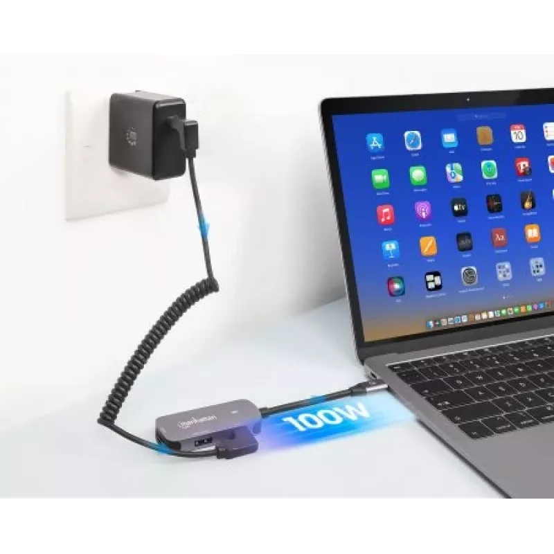 Manhattan USB-C Dock/Hub, Ports (x3): HDMI, USB-A and USB-C, with Power Delivery (PD) 100W- requires external USB-C charger (not included). USB powered (no external power supply required) when PD is not in use, Aluminium