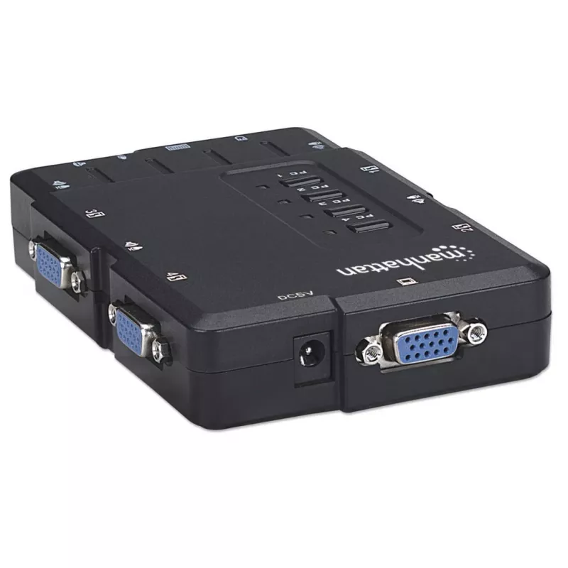 Manhattan KVM Switch Compact 4-Port, 4x USB-A, Cables included, Audio Support, Control 4x computers from one pc/mouse/screen, Black, Lifetime Warranty, Boxed