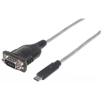 Manhattan USB-C to Serial Converter, Male to Male, USB-C to Serial/RS232/COM/DB9 Port, Prolific PL-2303RA Chip, Cable 45cm, Silver/Black, Polybag