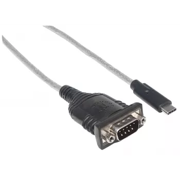 Manhattan USB-C to Serial Converter, Male to Male, USB-C to Serial/RS232/COM/DB9 Port, Prolific PL-2303RA Chip, Cable 45cm, Silver/Black, Polybag