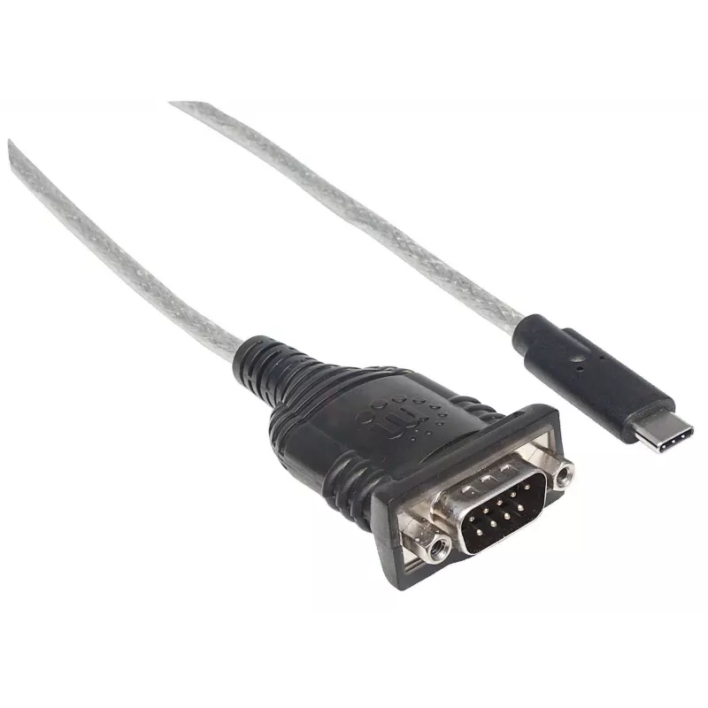 Manhattan USB-C to Serial Converter, Male to Male, USB-C to Serial/RS232/COM/DB9 Port, Prolific PL-2303RA Chip, Cable 45cm, Silver/Black, Polybag