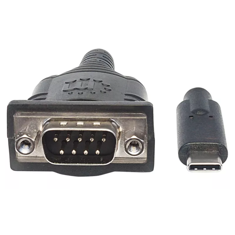 Manhattan USB-C to Serial Converter, Male to Male, USB-C to Serial/RS232/COM/DB9 Port, Prolific PL-2303RA Chip, Cable 45cm, Silver/Black, Polybag