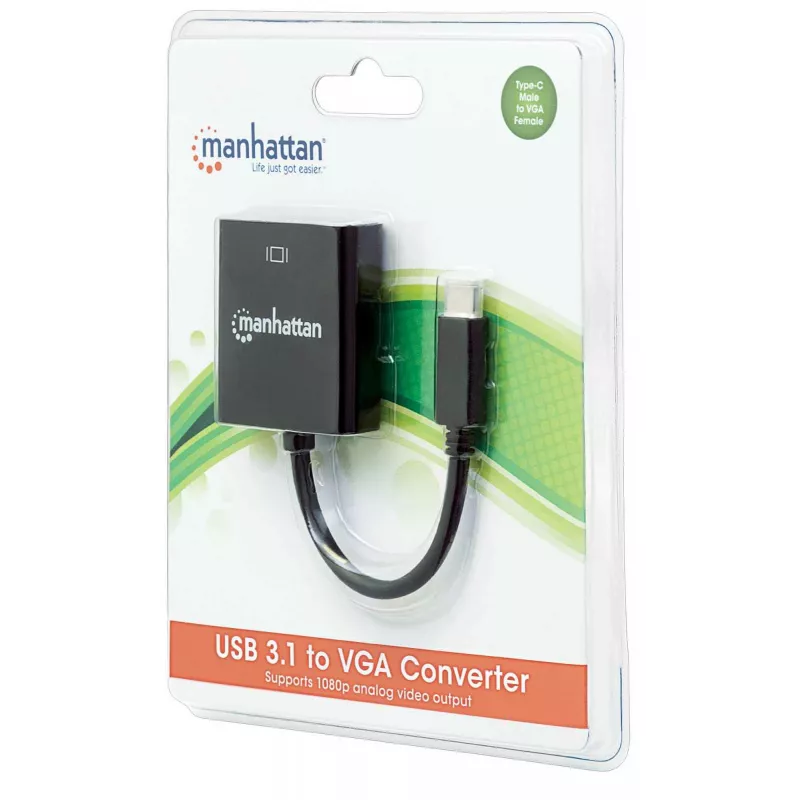 Manhattan USB-C to VGA Converter Cable, 1080p@60Hz, Black, 8cm, Male to Female, Lifetime Warranty, Equivalent to CDP2HD
