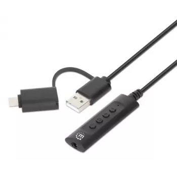 Manhattan USB-C & USB-A to 3.5 mm Stereo Audio Aux Adapter Cable, 2-in-1, Male to Female, Cable 1m, Supports a Headset's Mic and Audio Function, CTIA Standard, Volume and Mute Control, Black