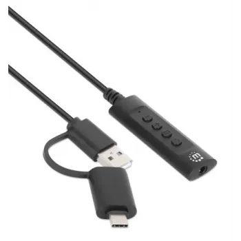 Manhattan USB-C & USB-A to 3.5 mm Stereo Audio Aux Adapter Cable, 2-in-1, Male to Female, Cable 1m, Supports a Headset's Mic and Audio Function, CTIA Standard, Volume and Mute Control, Black