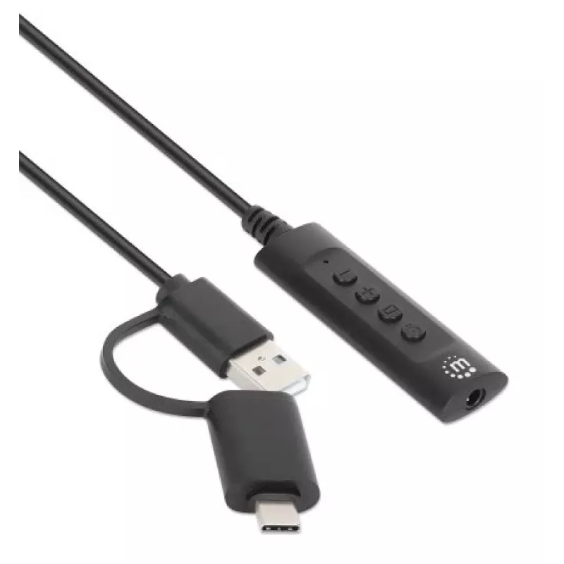 Manhattan USB-C & USB-A to 3.5 mm Stereo Audio Aux Adapter Cable, 2-in-1, Male to Female, Cable 1m, Supports a Headset's Mic and Audio Function, CTIA Standard, Volume and Mute Control, Black