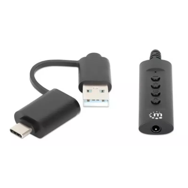 Manhattan USB-C & USB-A to 3.5 mm Stereo Audio Aux Adapter Cable, 2-in-1, Male to Female, Cable 1m, Supports a Headset's Mic and Audio Function, CTIA Standard, Volume and Mute Control, Black