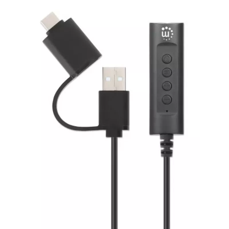 Manhattan USB-C & USB-A to 3.5 mm Stereo Audio Aux Adapter Cable, 2-in-1, Male to Female, Cable 1m, Supports a Headset's Mic and Audio Function, CTIA Standard, Volume and Mute Control, Black