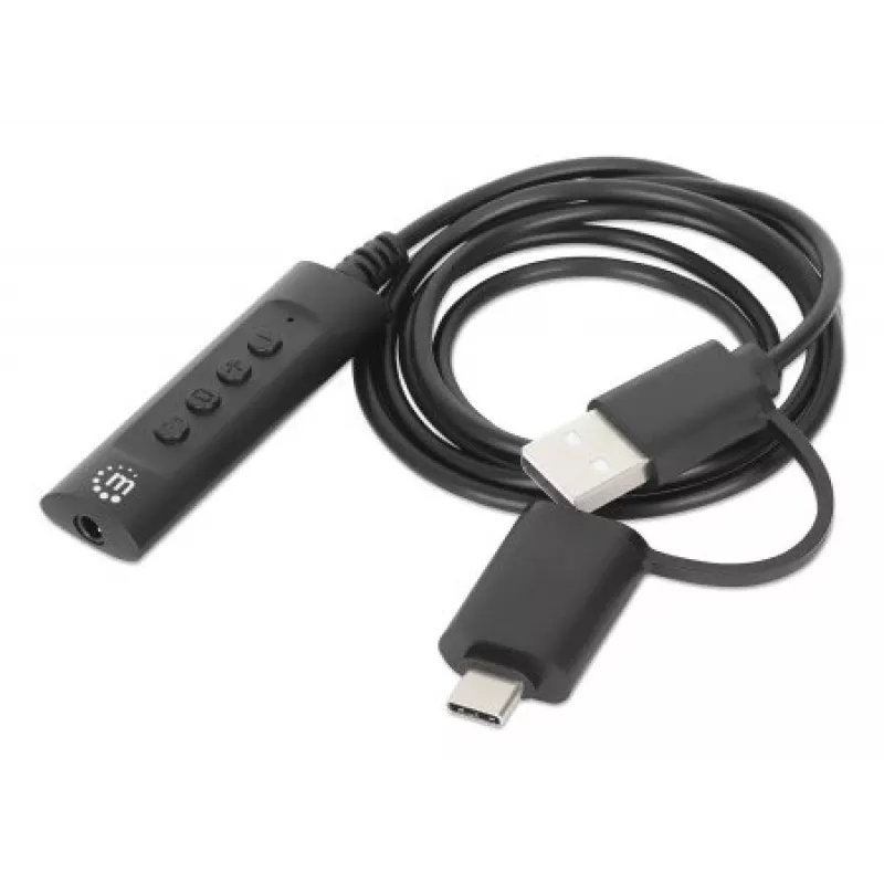 Manhattan USB-C & USB-A to 3.5 mm Stereo Audio Aux Adapter Cable, 2-in-1, Male to Female, Cable 1m, Supports a Headset's Mic and Audio Function, CTIA Standard, Volume and Mute Control, Black