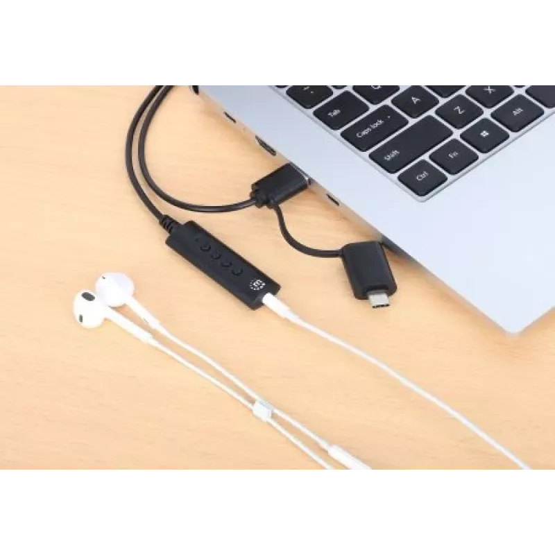 Manhattan USB-C & USB-A to 3.5 mm Stereo Audio Aux Adapter Cable, 2-in-1, Male to Female, Cable 1m, Supports a Headset's Mic and Audio Function, CTIA Standard, Volume and Mute Control, Black