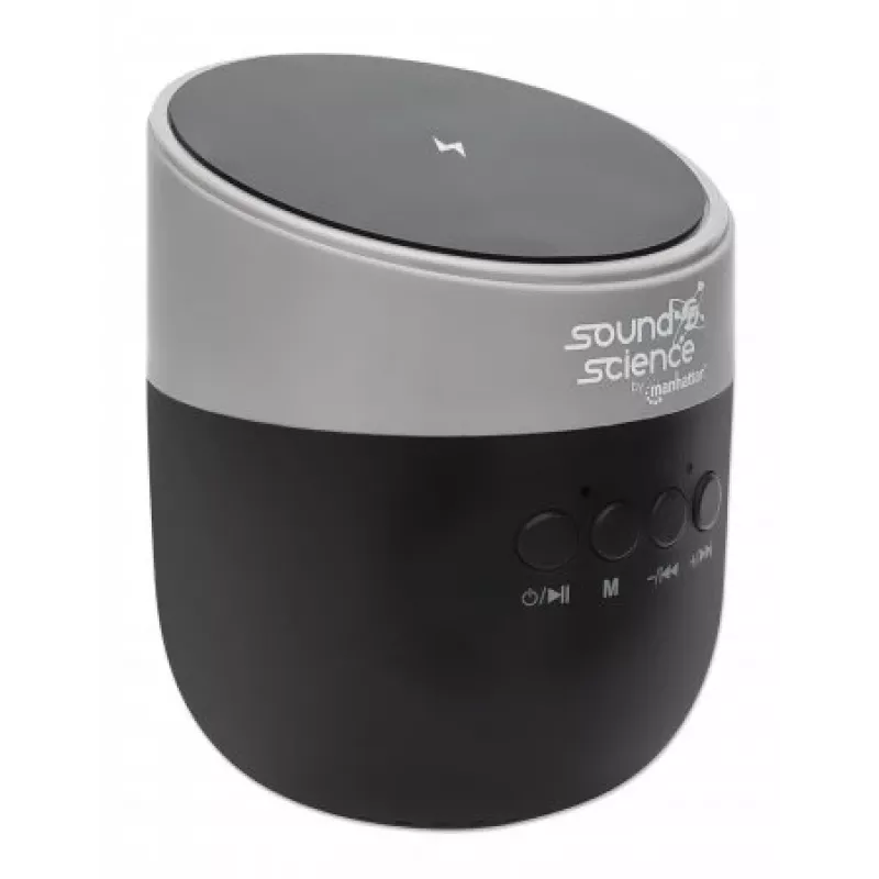 Manhattan Metallic Bluetooth Speaker with Wireless Charging Pad, Decent Sound Output (3W), 3 hour Playback time, Wireless Pad 5W, Integrated Controls, Range 10m, microSD card reader, USB-A charging cable incl, Bluetooth 5.0, 3 Years Warranty
