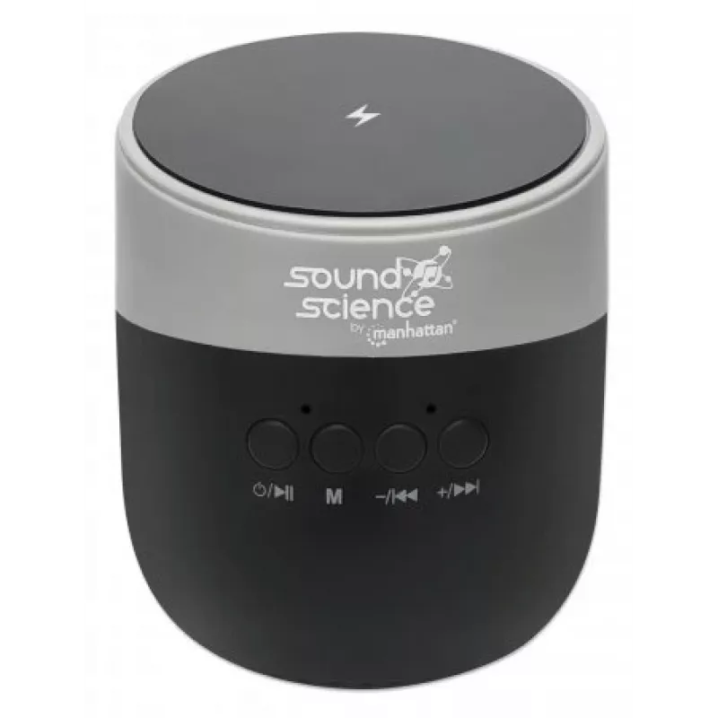 Manhattan Metallic Bluetooth Speaker with Wireless Charging Pad, Decent Sound Output (3W), 3 hour Playback time, Wireless Pad 5W, Integrated Controls, Range 10m, microSD card reader, USB-A charging cable incl, Bluetooth 5.0, 3 Years Warranty