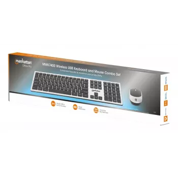 Manhattan One Single USB-A Nano Receiver for Both, Full-Size Wireless Keyboard, Ambidextrous Optical Mouse with Three Buttons and Scroll Wheel, 1200 dpi, Silver/Black