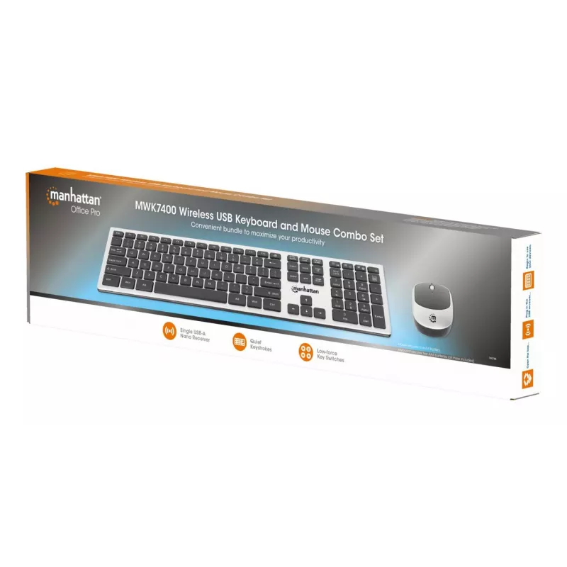 Manhattan One Single USB-A Nano Receiver for Both, Full-Size Wireless Keyboard, Ambidextrous Optical Mouse with Three Buttons and Scroll Wheel, 1200 dpi, Silver/Black