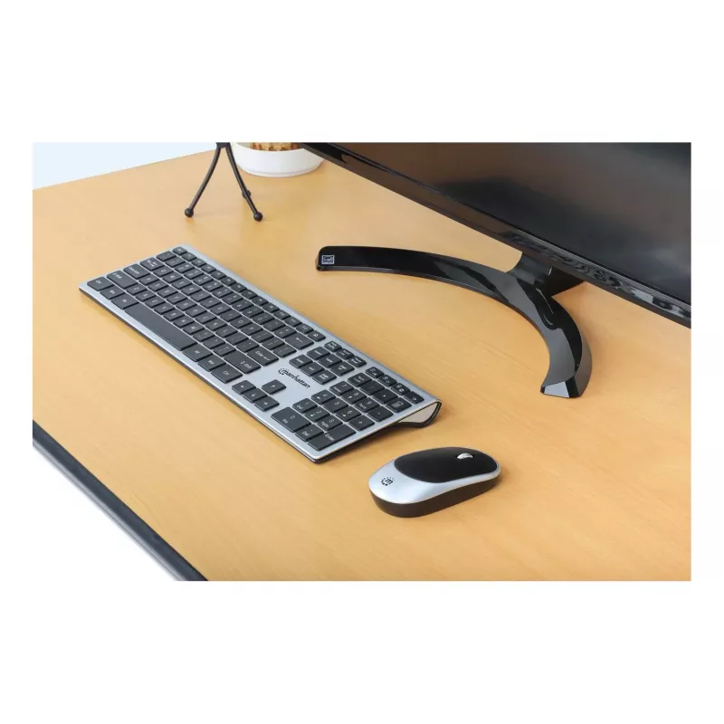 Manhattan One Single USB-A Nano Receiver for Both, Full-Size Wireless Keyboard, Ambidextrous Optical Mouse with Three Buttons and Scroll Wheel, 1200 dpi, Silver/Black