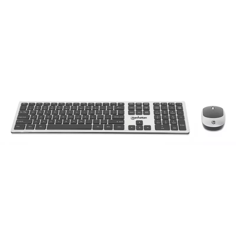 Manhattan One Single USB-A Nano Receiver for Both, Full-Size Wireless Keyboard, Ambidextrous Optical Mouse with Three Buttons and Scroll Wheel, 1200 dpi, Silver/Black