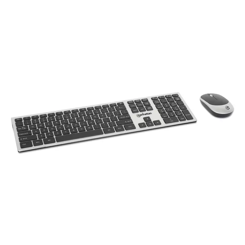 Manhattan One Single USB-A Nano Receiver for Both, Full-Size Wireless Keyboard, Ambidextrous Optical Mouse with Three Buttons and Scroll Wheel, 1200 dpi, Silver/Black