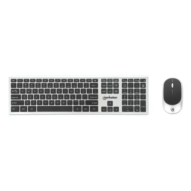 Manhattan One Single USB-A Nano Receiver for Both, Full-Size Wireless Keyboard, Ambidextrous Optical Mouse with Three Buttons and Scroll Wheel, 1200 dpi, Silver/Black