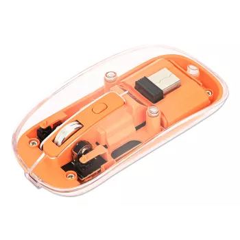 Manhattan Transparent Rechargeable Wireless Mouse, Clear/Orange, Adjustable 800/1200/1600dpi, With RGB LED light, 2.4Ghz (effective range up to 10m), USB, Optical, Ambidextrous, Four Button with Scroll Wheel, Slim Design, USB-A micro receiver, Lithium Ion battery