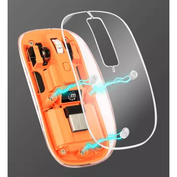Manhattan Transparent Rechargeable Wireless Mouse, Clear/Orange, Adjustable 800/1200/1600dpi, With RGB LED light, 2.4Ghz (effective range up to 10m), USB, Optical, Ambidextrous, Four Button with Scroll Wheel, Slim Design, USB-A micro receiver, Lithium Ion battery