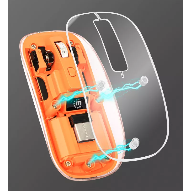 Manhattan Transparent Rechargeable Wireless Mouse, Clear/Orange, Adjustable 800/1200/1600dpi, With RGB LED light, 2.4Ghz (effective range up to 10m), USB, Optical, Ambidextrous, Four Button with Scroll Wheel, Slim Design, USB-A micro receiver, Lithium Ion battery