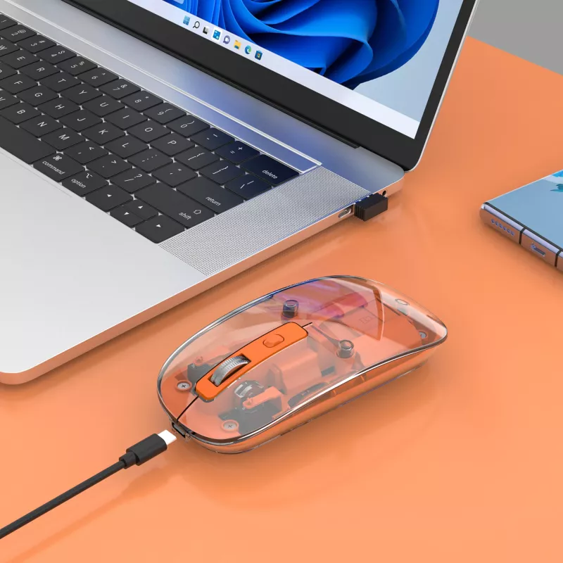 Manhattan Transparent Rechargeable Wireless Mouse, Clear/Orange, Adjustable 800/1200/1600dpi, With RGB LED light, 2.4Ghz (effective range up to 10m), USB, Optical, Ambidextrous, Four Button with Scroll Wheel, Slim Design, USB-A micro receiver, Lithium Ion battery