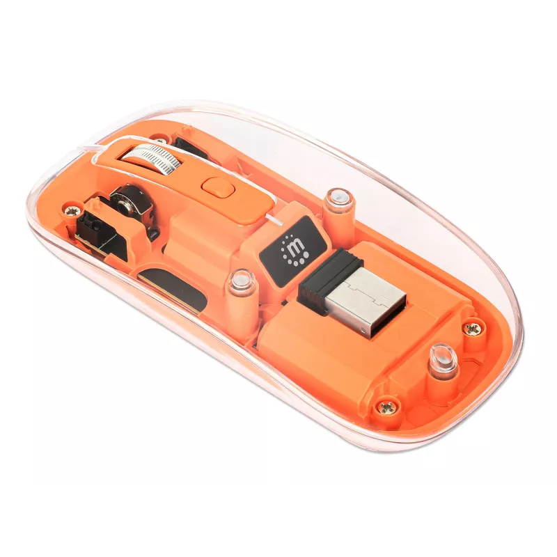 Manhattan Transparent Rechargeable Wireless Mouse, Clear/Orange, Adjustable 800/1200/1600dpi, With RGB LED light, 2.4Ghz (effective range up to 10m), USB, Optical, Ambidextrous, Four Button with Scroll Wheel, Slim Design, USB-A micro receiver, Lithium Ion battery