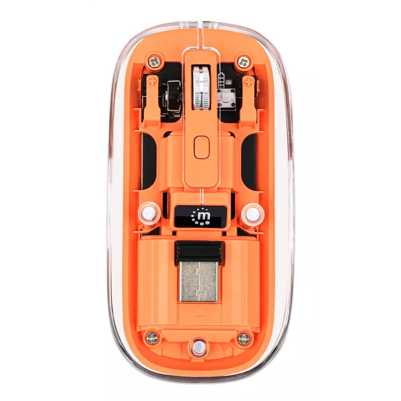 Manhattan Transparent Rechargeable Wireless Mouse, Clear/Orange, Adjustable 800/1200/1600dpi, With RGB LED light, 2.4Ghz (effective range up to 10m), USB, Optical, Ambidextrous, Four Button with Scroll Wheel, Slim Design, USB-A micro receiver, Lithium Ion battery