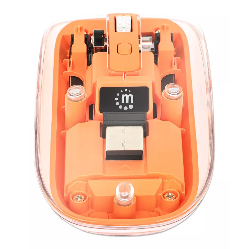 Manhattan Transparent Rechargeable Wireless Mouse, Clear/Orange, Adjustable 800/1200/1600dpi, With RGB LED light, 2.4Ghz (effective range up to 10m), USB, Optical, Ambidextrous, Four Button with Scroll Wheel, Slim Design, USB-A micro receiver, Lithium Ion battery