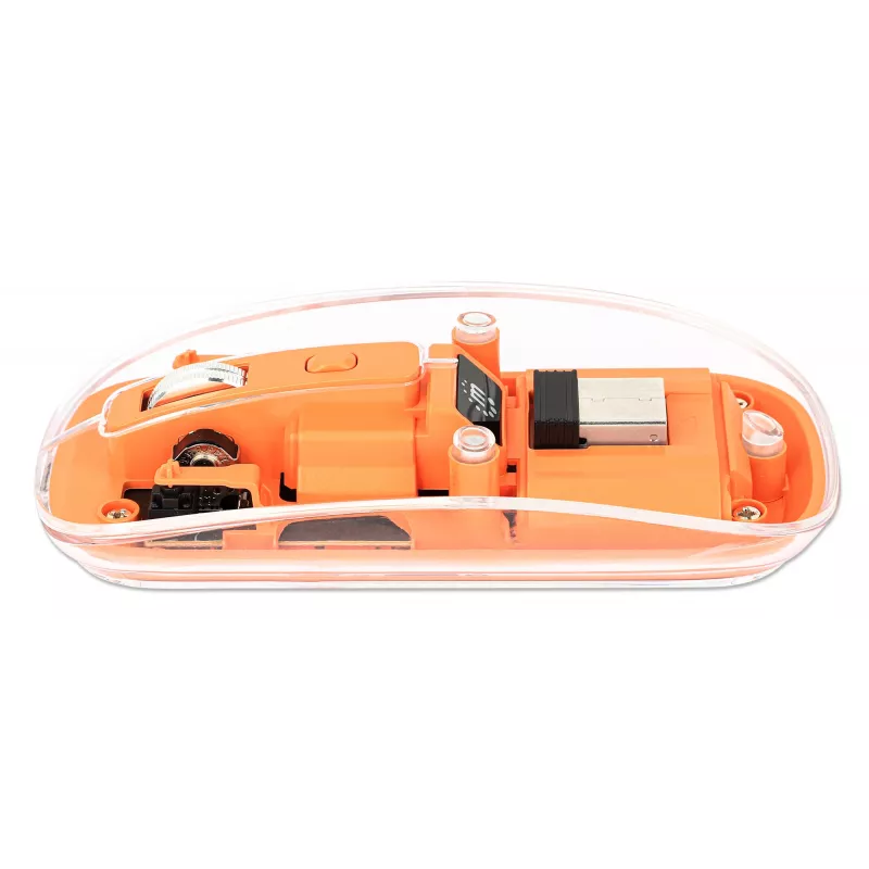 Manhattan Transparent Rechargeable Wireless Mouse, Clear/Orange, Adjustable 800/1200/1600dpi, With RGB LED light, 2.4Ghz (effective range up to 10m), USB, Optical, Ambidextrous, Four Button with Scroll Wheel, Slim Design, USB-A micro receiver, Lithium Ion battery