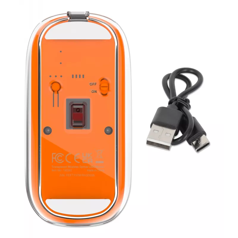 Manhattan Transparent Rechargeable Wireless Mouse, Clear/Orange, Adjustable 800/1200/1600dpi, With RGB LED light, 2.4Ghz (effective range up to 10m), USB, Optical, Ambidextrous, Four Button with Scroll Wheel, Slim Design, USB-A micro receiver, Lithium Ion battery