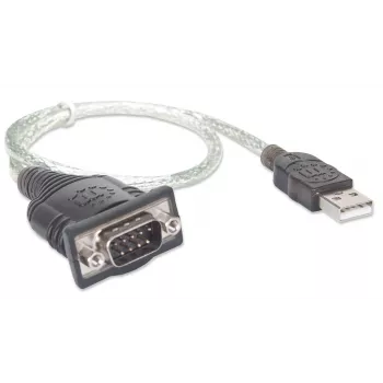 Manhattan USB-A to Serial Converter cable, 45cm, Male to Male, Serial/RS232/COM/DB9, Prolific PL-2303RA Chip, Black/Silver cable, Three Year Warranty, Equivalent to ICUSB232V2