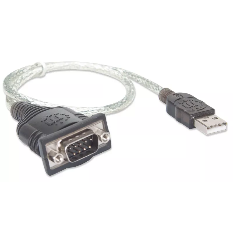 Manhattan USB-A to Serial Converter cable, 45cm, Male to Male, Serial/RS232/COM/DB9, Prolific PL-2303RA Chip, Black/Silver cable, Three Year Warranty, Equivalent to ICUSB232V2