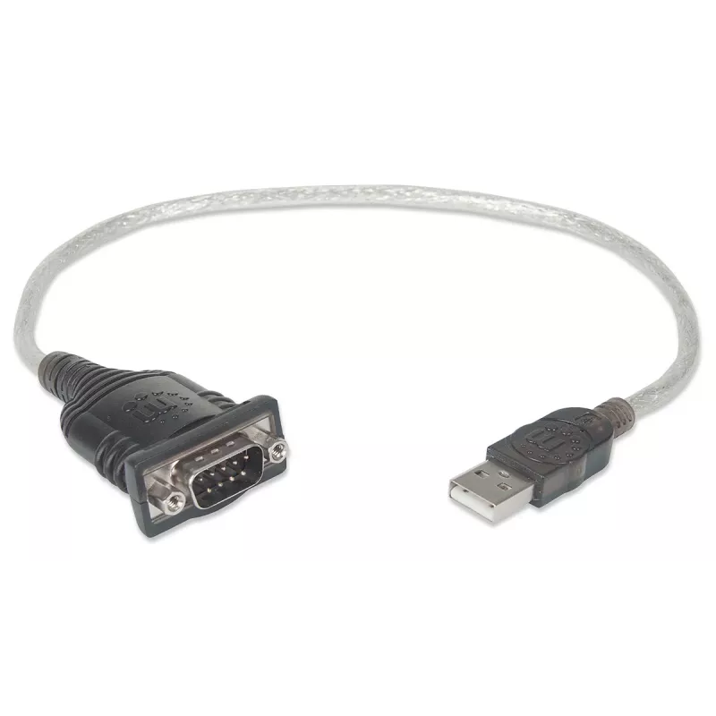 Manhattan USB-A to Serial Converter cable, 45cm, Male to Male, Serial/RS232/COM/DB9, Prolific PL-2303RA Chip, Black/Silver cable, Three Year Warranty, Equivalent to ICUSB232V2