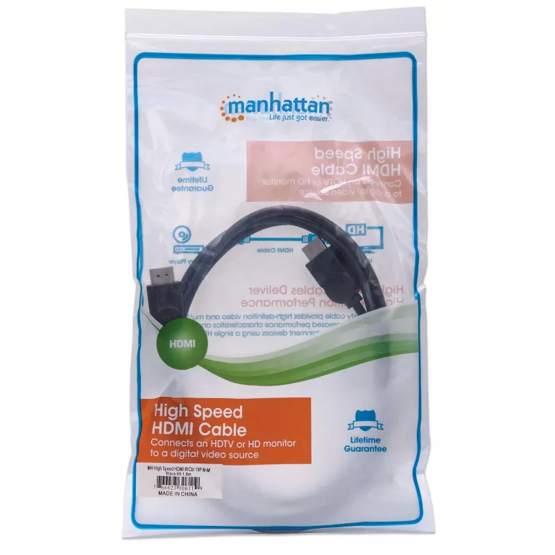 Manhattan HDMI 4K@30Hz Cable, 1.8m, Suitable for ALL 1080p/HD and majority of 4K uses (check your system 4K specification to be sure), Male to Male, Black, Ultra HD 4k x 2k, Lifetime Warranty, High Speed, Equivalent to HDMM6