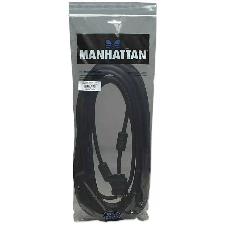 Manhattan VGA Monitor Cable (with Ferrite Cores), 10m, Black, Male to Male, HD15, Cable of higher SVGA Specification (fully compatible), Shielding with Ferrite Cores helps minimise EMI interference for improved video transmission, Lifetime Warranty