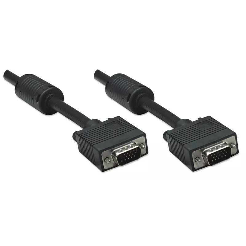 Manhattan VGA Monitor Cable (with Ferrite Cores), 1.8m, Black, Male to Male, HD15, Cable of higher SVGA Specification (fully compatible), Shielding with Ferrite Cores helps minimise EMI interference for improved video transmission, Lifetime Warranty