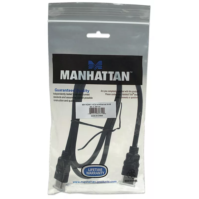 Manhattan HDMI 4K@30Hz Cable with Ethernet, 1m, Suitable for ALL 1080p/HD and majority of 4K uses (check your system 4K specification to be sure), Male to Male, Black, Ultra HD 4k x 2k, Lifetime Warranty, High Speed, Equivalent to HDMM1MHS