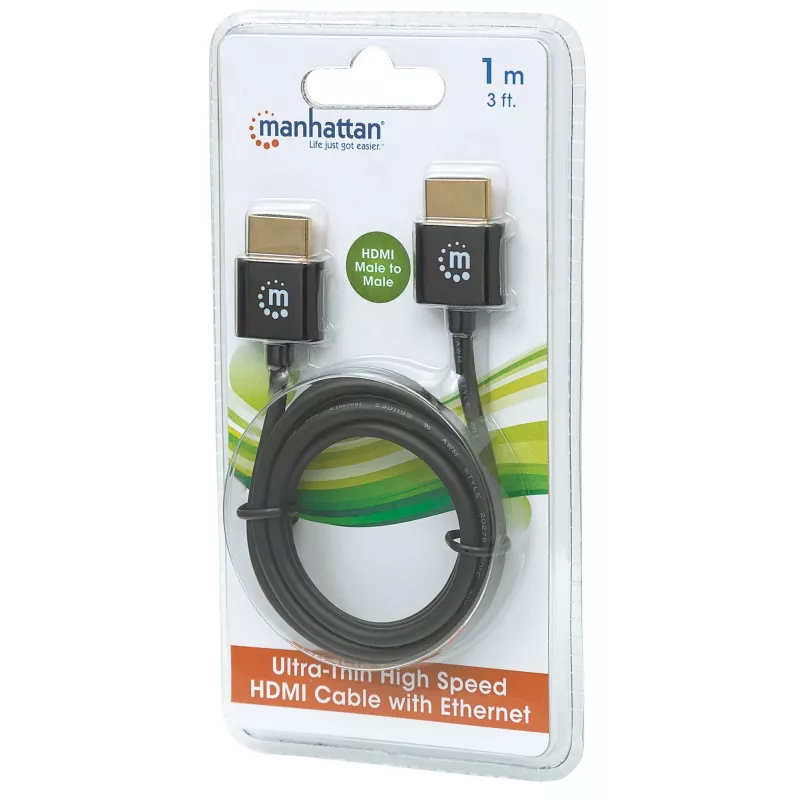 Manhattan HDMI Cable with Ethernet (Ultra Thin), 4K@60Hz (Premium High Speed), 1m (3ft), Male to Male, Black, Ultra HD 4k x 2k, Fully Shielded, Gold Plated Contacts, Lifetime Warranty