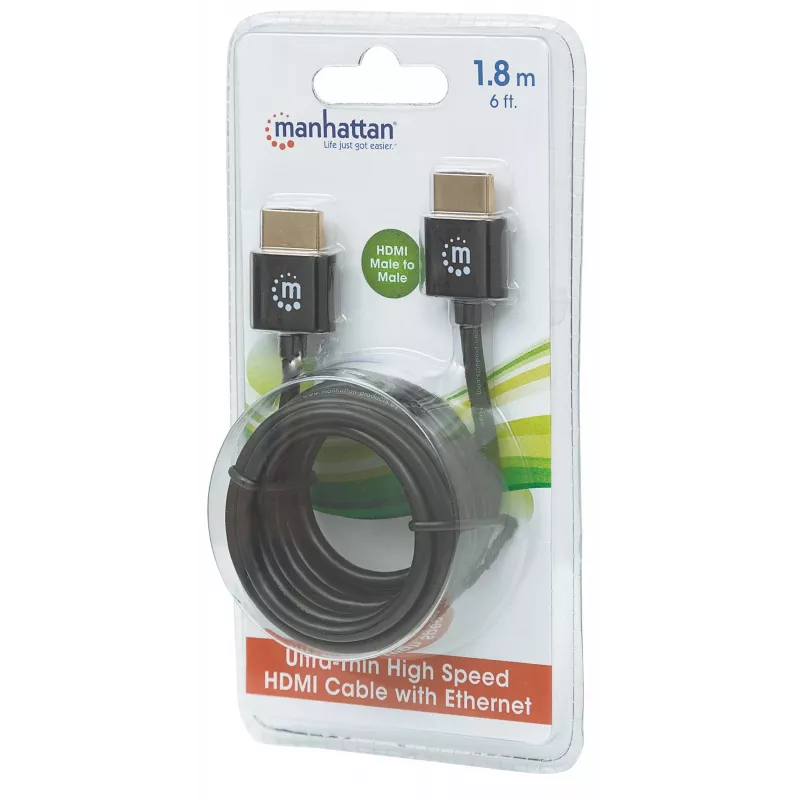 Manhattan HDMI Cable with Ethernet (Ultra Thin), 4K@60Hz (Premium High Speed), 1.8m, Male to Male, Black, Ultra HD 4k x 2k, Fully Shielded, Gold Plated Contacts, Lifetime Warranty
