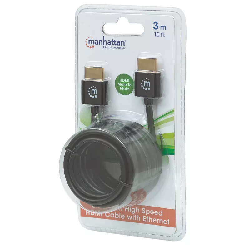 Manhattan HDMI Cable with Ethernet (Ultra Thin), 4K@60Hz (Premium High Speed), 3m, Male to Male, Black, Ultra HD 4k x 2k, Fully Shielded, Gold Plated Contacts, Lifetime Warranty