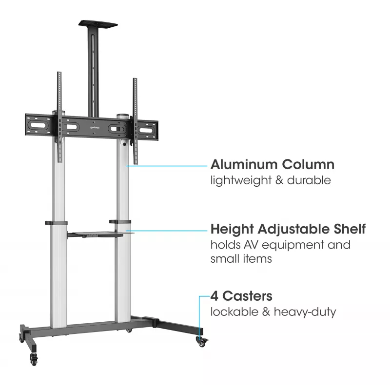 Manhattan Trolley Mount Stand for TV & Monitors, For screens: 37 inch to 100 inch,VESA compatibility:all between 200x200 to 1000x600mm -check the dimensions of the four mounting holes on back of screen to ensure it fits,Max 80kg,Height adjustable 1200 to 1600mm,LFD,Bracket