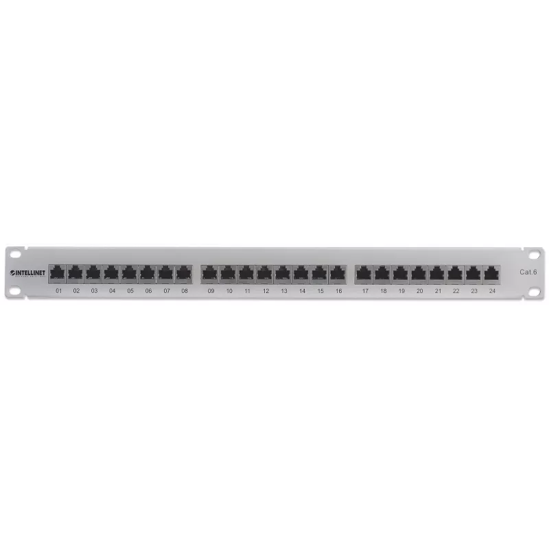 Intellinet Patch Panel, Cat6, FTP, 24-Port, 1U, Shielded, 90° Top-Entry Punch-Down Blocks, Grey