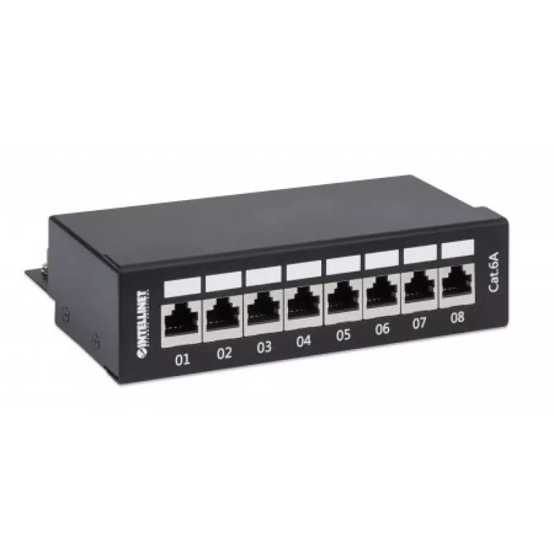 Intellinet Patch Panel, Cat6a, FTP, 8-Port, Desktop, Shielded, 90° Top-Entry Punch Down Blocks, Black
